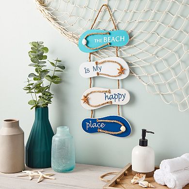 The Beach is My Happy Place Sign, Hanging Nautical Flip Flop Wall Sign Ornament for Home and Beach Bathroom Decor (8.5 x 20 In)