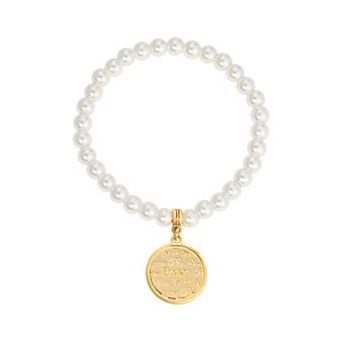 1928 Simulated Pearl Multilingual Peace Medallion Stretch Bracelet
