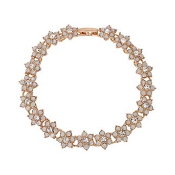 1928 Gold Tone Simulated White Opal Crystal Flower Bracelet