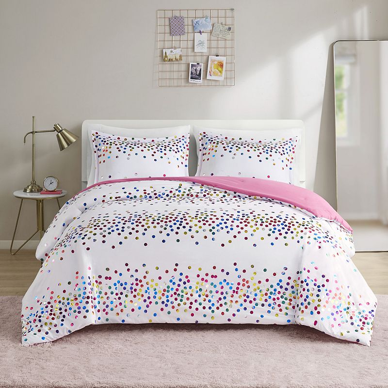 Intelligent Design Cora Rainbow Iridescent Metallic Dot Comforter Set, Whit