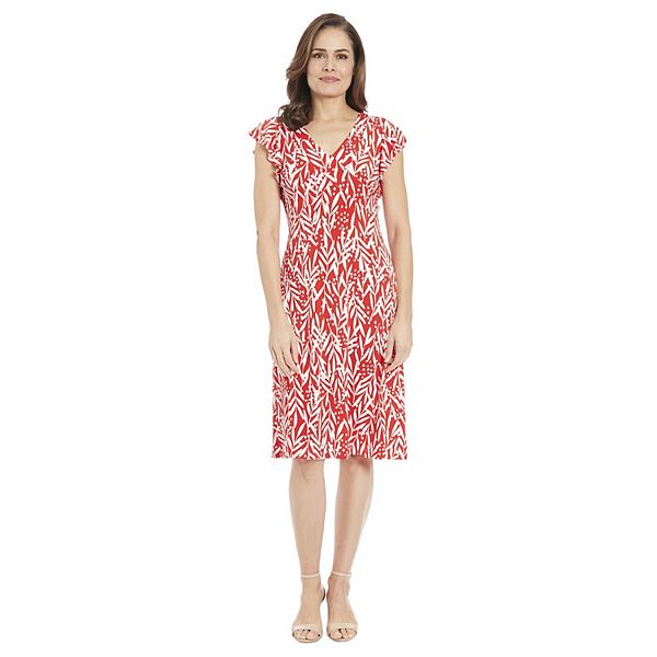 Women's London Times Ruffle Sleeve Print Midi Dress - Red White (4)