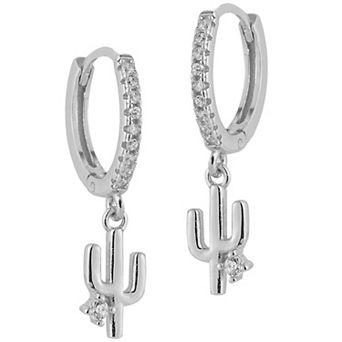 Sunkissed Sterling Sterling Silver Cubic Zirconia Cactus Charm Huggie Hoop Earrings