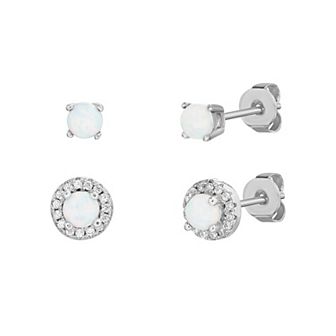 petit cheris Kids' Sterling Silver Lab Created White Opal Earring Duo Set with Cubic Zirconia Halo