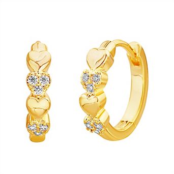 petit cheris Kids' 14k Gold Over Silver Cubic Zirconia Heart Huggie Hoops