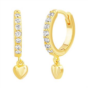 petit cheris Kids' 14k Gold Over Silver Cubic Zirconia Huggie Hoops with Heart Drop Earrings