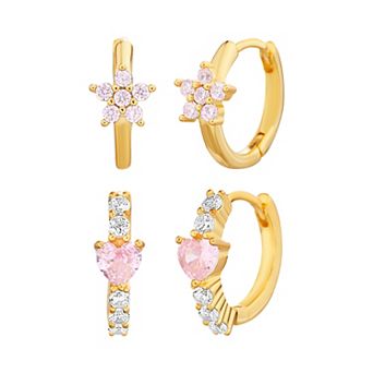 petit cheris Kids' Cubic Zirconia Star & Pink Cubic Zirconia Heart Huggie Hoop Earring Duo Set