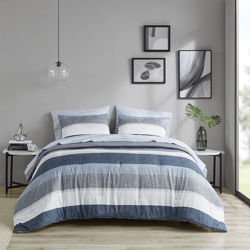 Madison Park Essentials Deacon Modern Stripe Comforter Set with Sheets, Blu