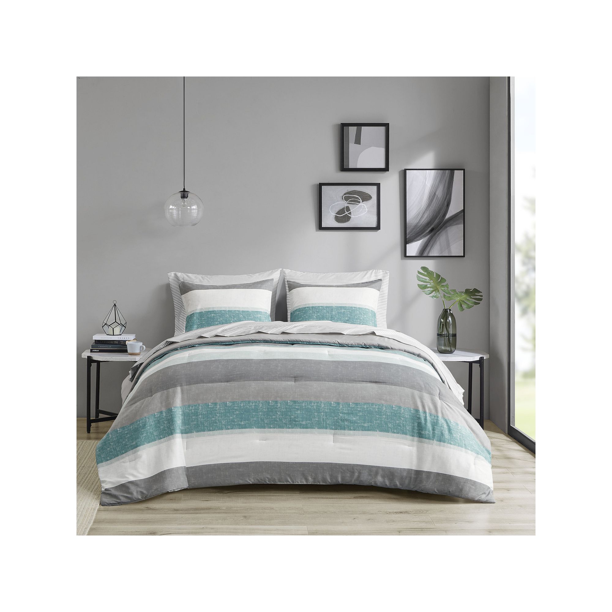 Madison Park Essentials Deacon Modern Stripe Comforter Set with Bed Sheets,