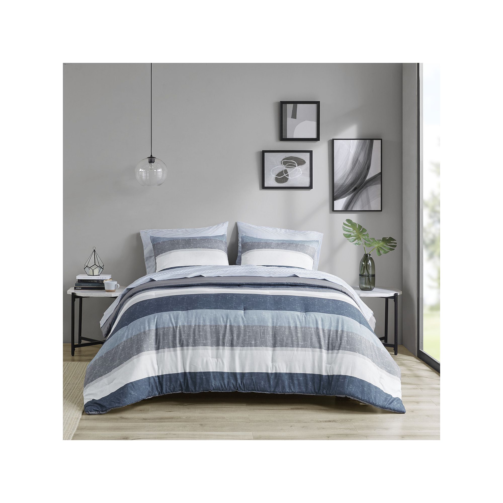 Madison Park Essentials Deacon Modern Stripe Comforter Set with Bed Sheets,