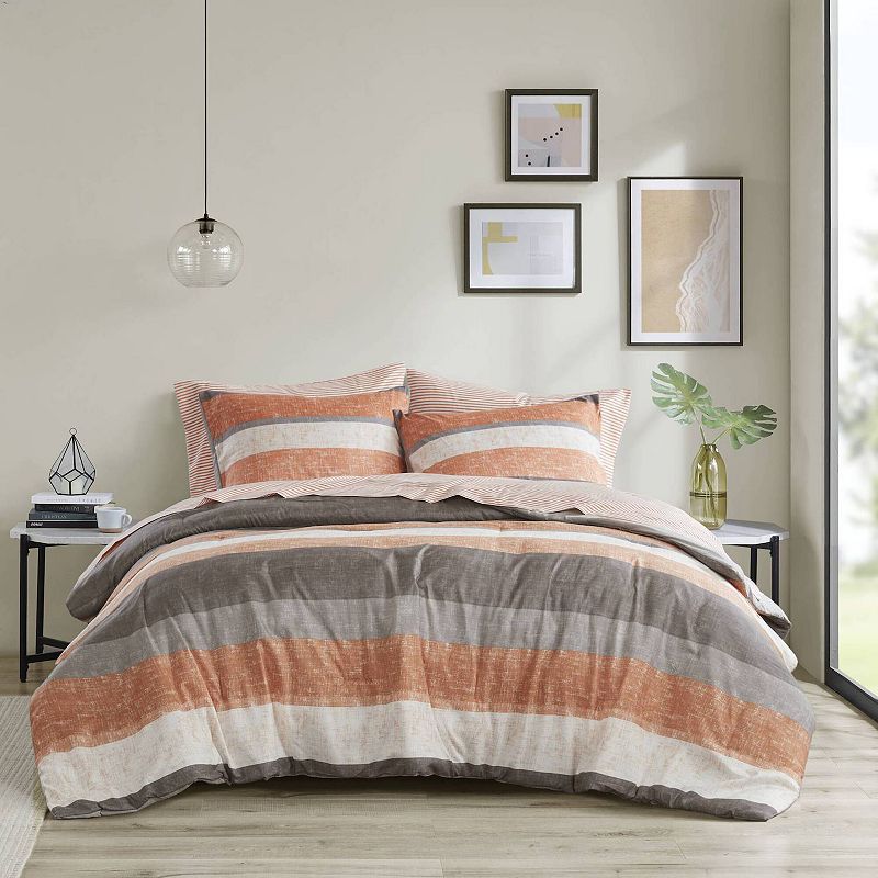 MPE10-1076 104 x 92 x 1.5 in. Jaxon Stripe Comforter Set with Bed Sheets, Coral & Grey - King Size