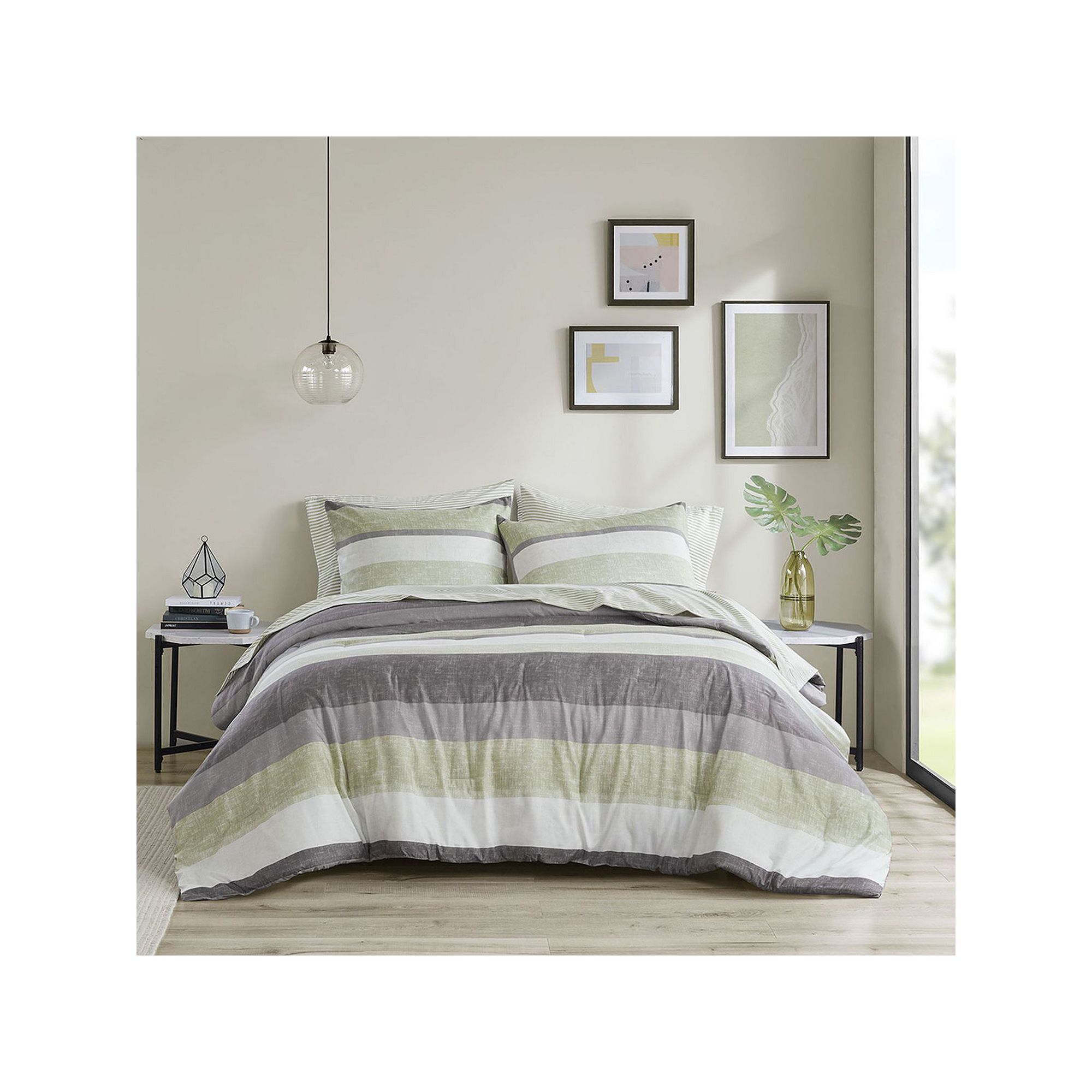 Madison Park Essentials Deacon Modern Stripe Comforter Set with Bed Sheets,