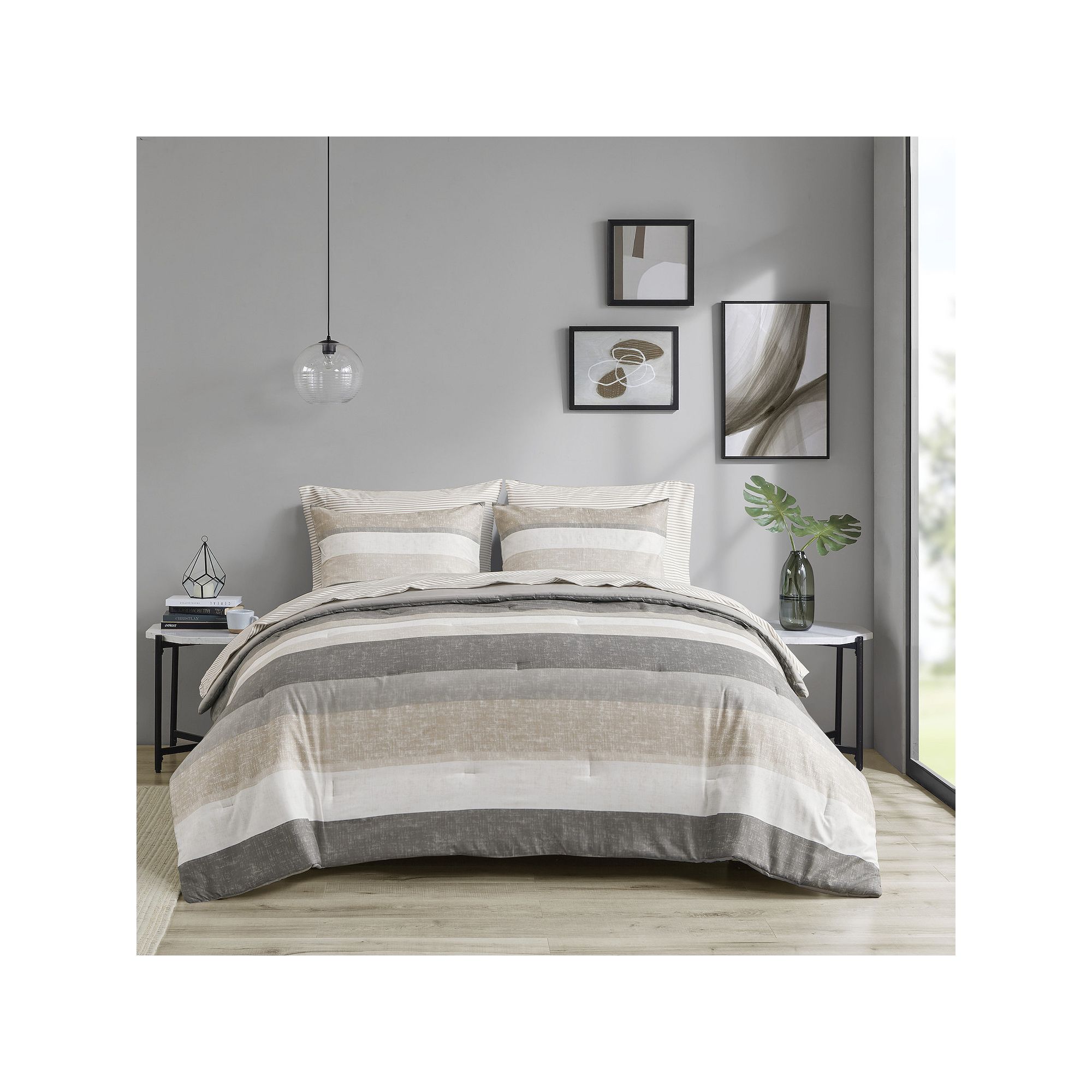 Madison Park Essentials Deacon Modern Stripe Comforter Set with Bed Sheets,