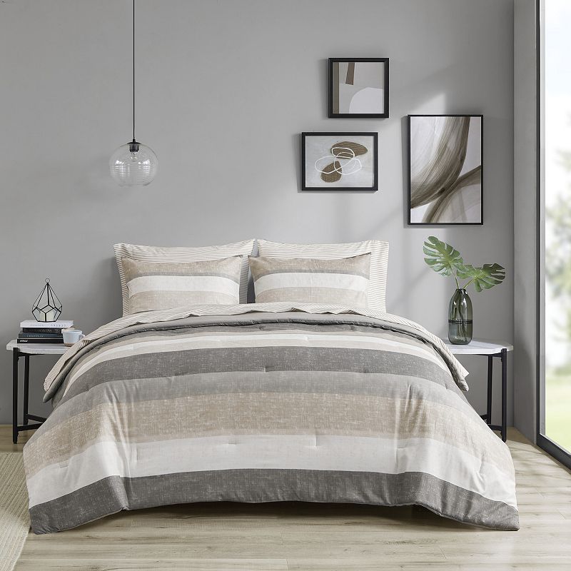 Madison Park 7pc King Ryder Comforter Set with Bed Sheets Taupe/Gray: Microfiber, Hypoallergenic, OEKO-TEX Certified