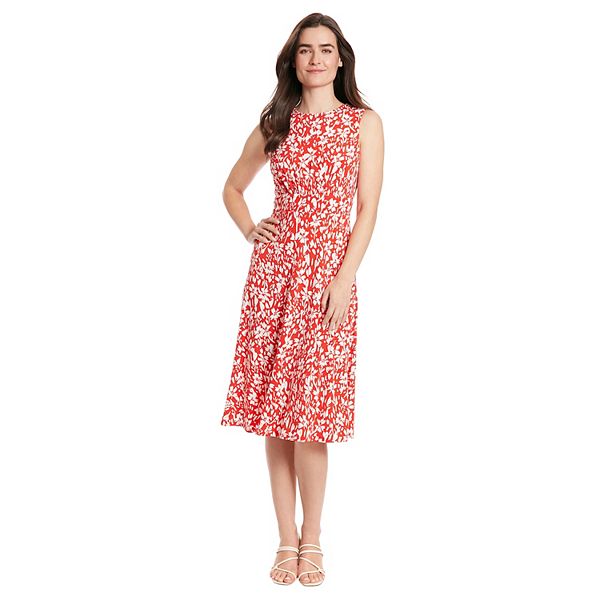 Women's London Times Inset Waist Print Midi Dress - Red White (6)