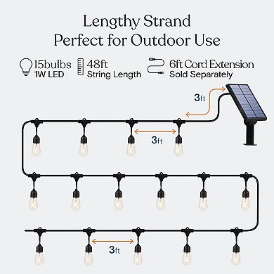 Ambience Pro  Solar Led Commercial Grade String Lights - 15 Bulbs, 1w, 48 Ft, 3000k