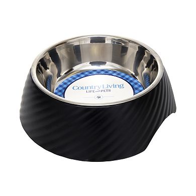 Country Living Set Of 2 Stainless Steel Dog Bowls with Twill Melamine Stand Black/24oz