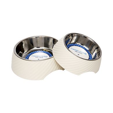 Country Living Set Of 2 Stainless Steel Dog Bowls with Twill Melamine Stand White Swan/12oz