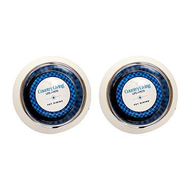 Country Living Set Of 2 Stainless Steel Dog Bowls with Twill Melamine Stand White Swan/12oz