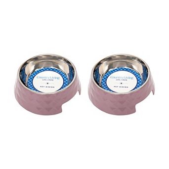 Country Living Set of 2 Diamond Melamine Dog Bowl w/ Removable Stainless-Steel Wood Rose/12oz