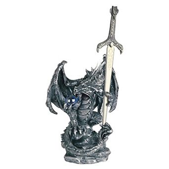 FC Design 5"H Medieval Silver Dragon Holding Blue Gemstone and Sword Guardian Statue Fantasy Decoration Figurine Home Room Decor