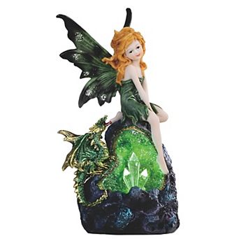 FC Design 8"H Green Fairy and Baby Dragon with LED Faux Crystal Stone Statue Fantasy Night Light Decoration Figurine Home Room Decor