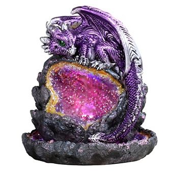 FC Design 5.5"H Purple Dragon Guarding Faux Crystal Cave Backflow Incense Burner with LED Light Faux Gemstone Incense Holder Home Room Decor