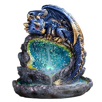 FC Design 5.5"H Blue Dragon Guarding Faux Crystal Cave Backflow Incense Burner with LED Light Faux Gemstone Incense Holder Home Room Decor