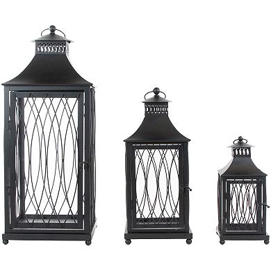 Set of 3 Black Lattice Style Candle Lanterns 22.75"