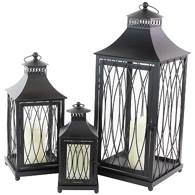Set of 3 Black Lattice Style Candle Lanterns 22.75"