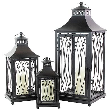 Set of 3 Black Lattice Style Candle Lanterns 22.75"
