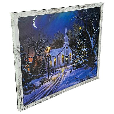 LED Lighted Church at Night Framed Christmas Canvas Wall Art 19" x 15"