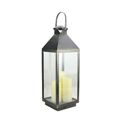 24" Gold Brushed Black Candle Lantern with Flameless LED Candles