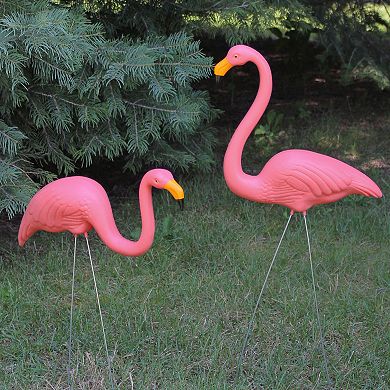 Set of 2 Tropical Pink Flamingo Outdoor Lawn Stakes 33"