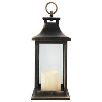 12.5" Black with Gold Brushing Candle Lantern with Flameless LED Candle