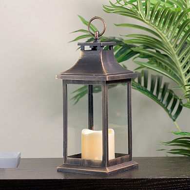 12.5" Black with Gold Brushing Candle Lantern with Flameless LED Candle