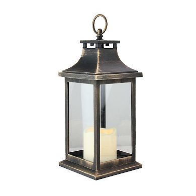 12.5" Black with Gold Brushing Candle Lantern with Flameless LED Candle