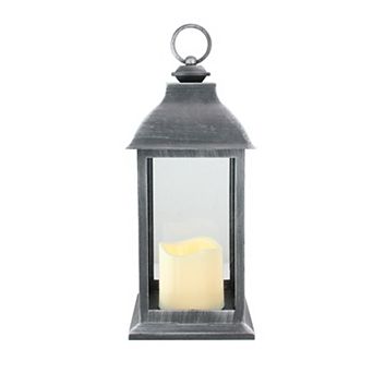 12.5" Silver Brushed Black Candle Lantern with Flameless LED Candle