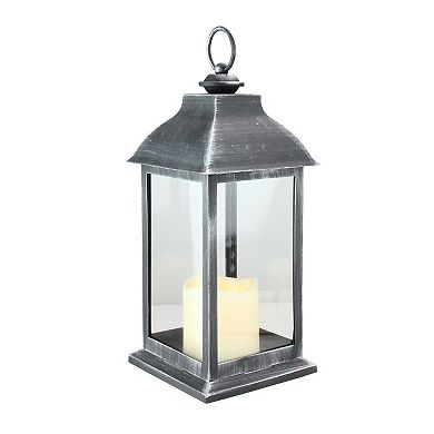 12.5" Silver Brushed Black Candle Lantern with Flameless LED Candle