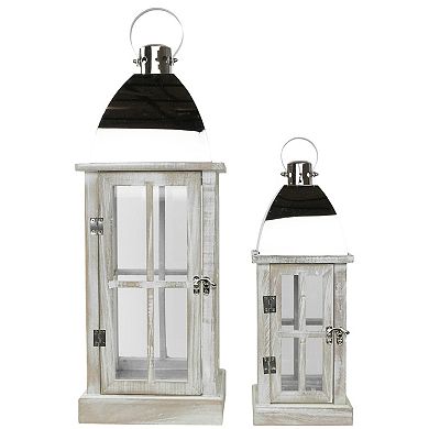 Set of 2 Antique White Wood Candle Lanterns with Silver Tops 21.5"