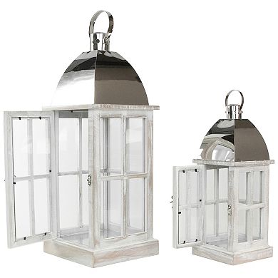 Set of 2 Antique White Wood Candle Lanterns with Silver Tops 21.5"