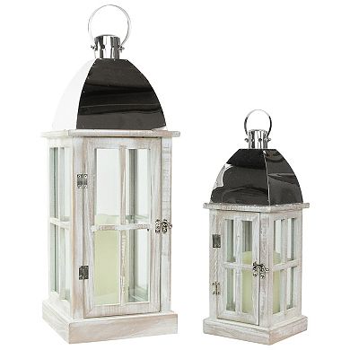 Set of 2 Antique White Wood Candle Lanterns with Silver Tops 21.5"