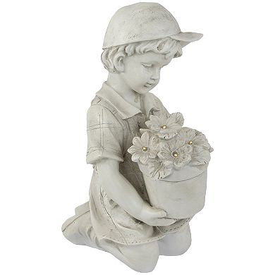 15" Solar LED Lighted Boy with Flowers Outdoor Garden Statue