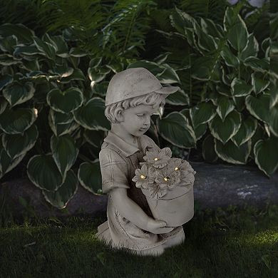 15" Solar LED Lighted Boy with Flowers Outdoor Garden Statue