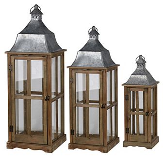 Set of 3 Brown and Gray Classic Window Scape Lanterns 35.25"