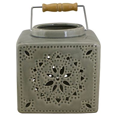 6.75" Light Olive Green Square Crackle Finish Mosaic Cut Out Lantern