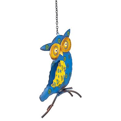 7.75" Blue and Yellow Metal Owl Outdoor Wall Hanging