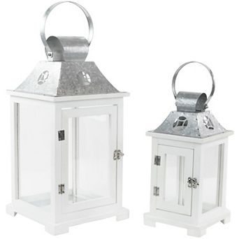 Set of 2 White Wooden Candle Lanterns with Galvanized Metal Tops 19.5"