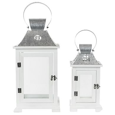 Set of 2 White Wooden Candle Lanterns with Galvanized Metal Tops 19.5"