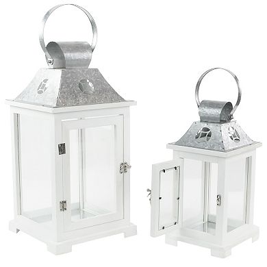 Set of 2 White Wooden Candle Lanterns with Galvanized Metal Tops 19.5"