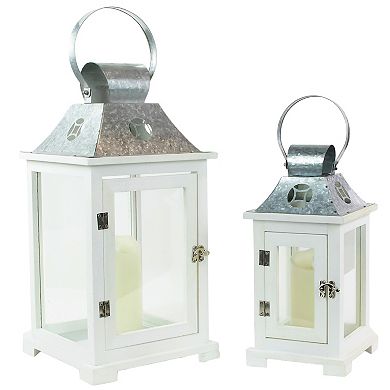 Set of 2 White Wooden Candle Lanterns with Galvanized Metal Tops 19.5"